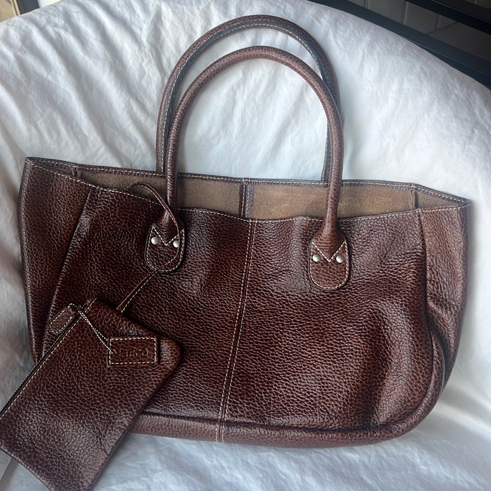 NWOT- Latico-mocha brown pebbled leather tote with zippered attached pouch